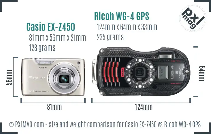 Casio EX-Z450 vs Ricoh WG-4 GPS size comparison