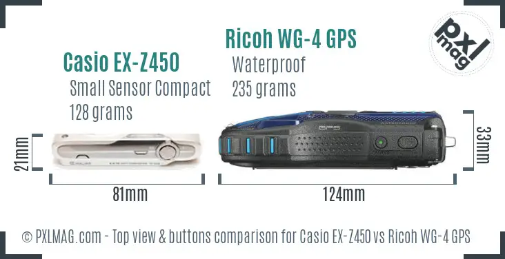 Casio EX-Z450 vs Ricoh WG-4 GPS top view buttons comparison