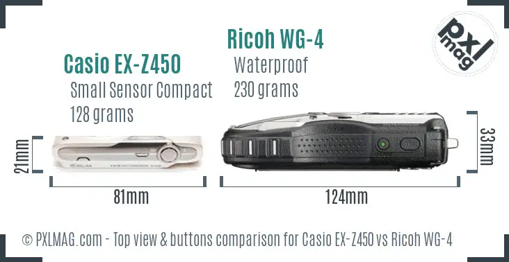 Casio EX-Z450 vs Ricoh WG-4 top view buttons comparison