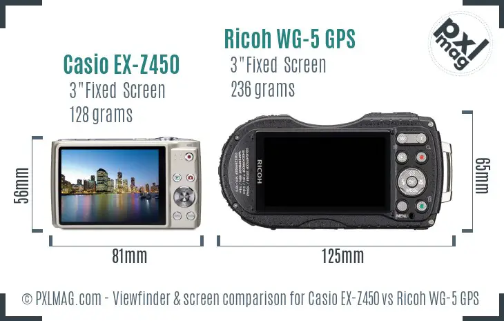 Casio EX-Z450 vs Ricoh WG-5 GPS Screen and Viewfinder comparison