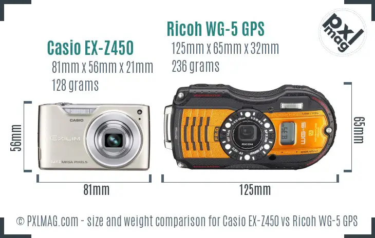 Casio EX-Z450 vs Ricoh WG-5 GPS size comparison