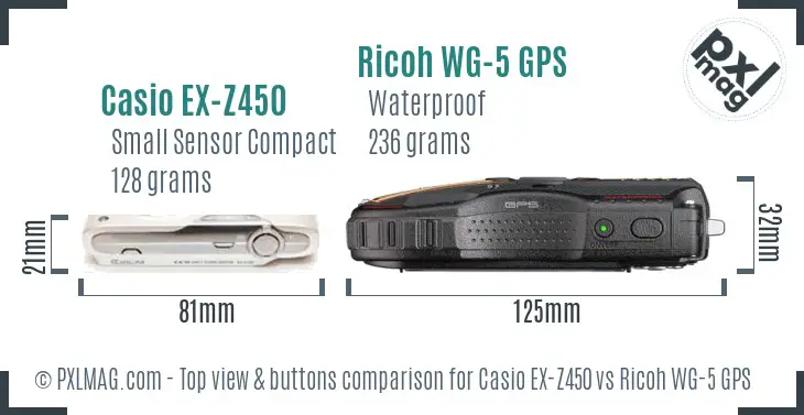 Casio EX-Z450 vs Ricoh WG-5 GPS top view buttons comparison