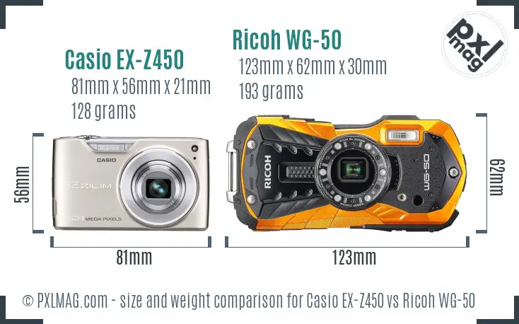 Casio EX-Z450 vs Ricoh WG-50 size comparison Casio EX-Z450 vs Ricoh WG-50 size comparison