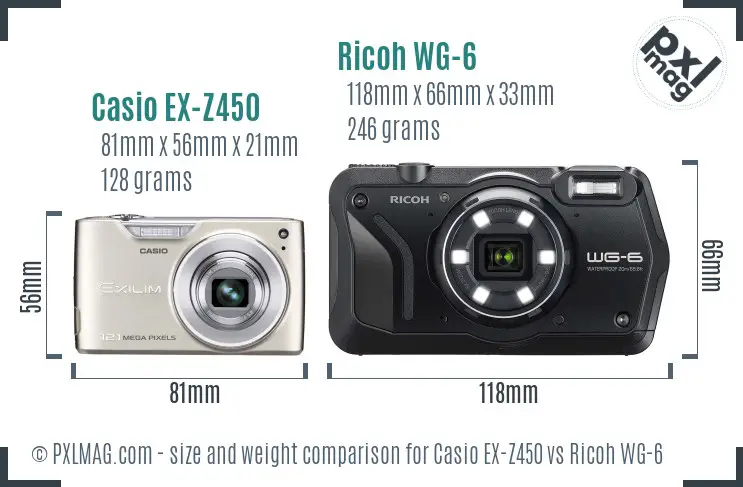 Casio EX-Z450 vs Ricoh WG-6 size comparison