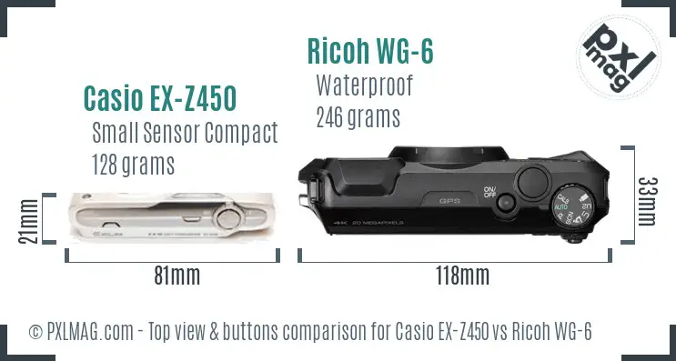 Casio EX-Z450 vs Ricoh WG-6 top view buttons comparison