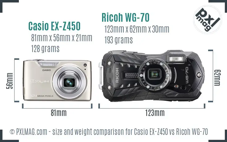 Casio EX-Z450 vs Ricoh WG-70 size comparison