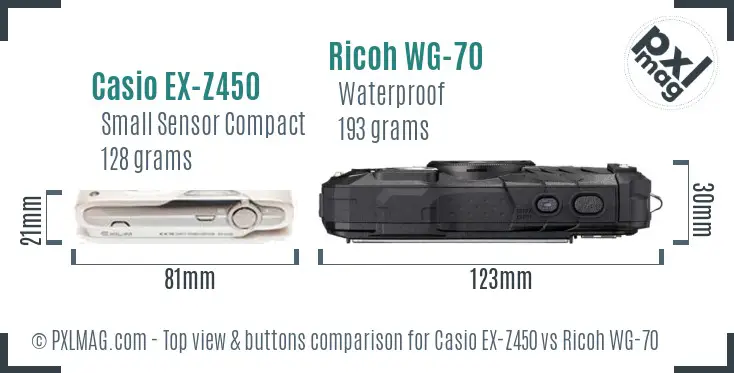 Casio EX-Z450 vs Ricoh WG-70 top view buttons comparison