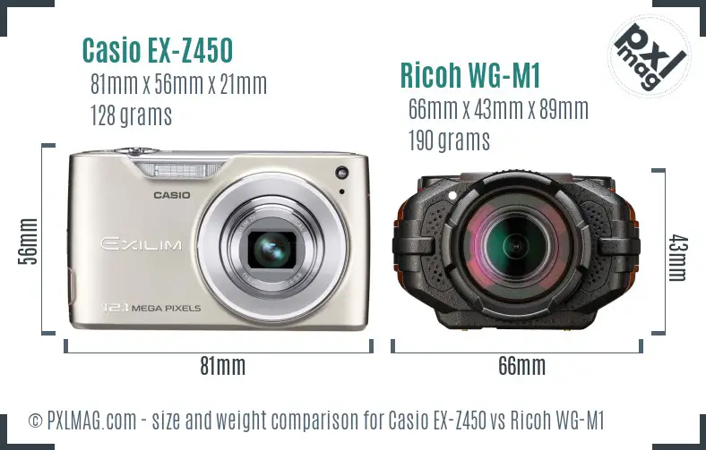 Casio EX-Z450 vs Ricoh WG-M1 size comparison