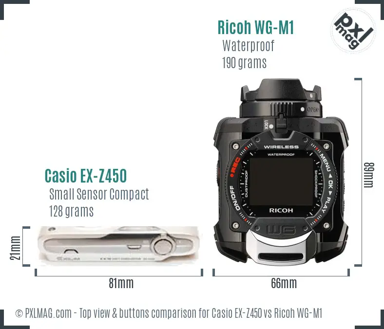 Casio EX-Z450 vs Ricoh WG-M1 top view buttons comparison