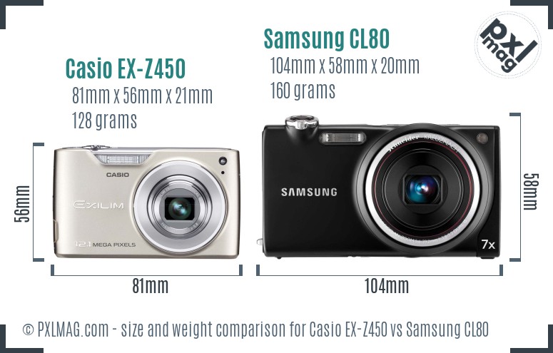 Casio EX-Z450 vs Samsung CL80 size comparison Casio EX-Z450 vs Samsung CL80 size comparison