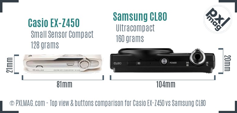 Casio EX-Z450 vs Samsung CL80 top view buttons comparison