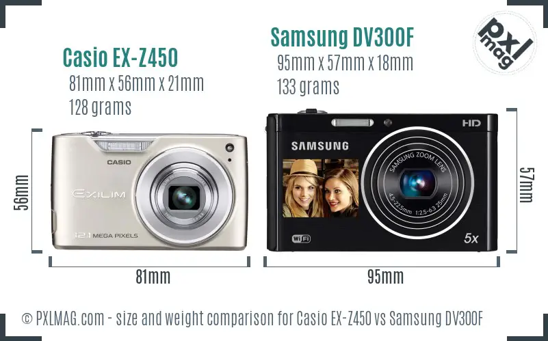 Casio EX-Z450 vs Samsung DV300F size comparison