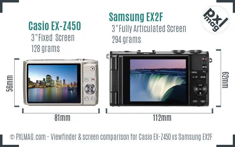 Casio EX-Z450 vs Samsung EX2F Screen and Viewfinder comparison