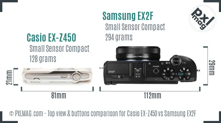 Casio EX-Z450 vs Samsung EX2F top view buttons comparison