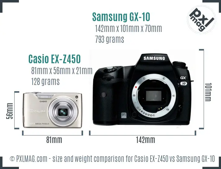 Casio EX-Z450 vs Samsung GX-10 size comparison Casio EX-Z450 vs Samsung GX-10 size comparison