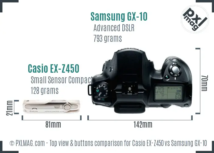 Casio EX-Z450 vs Samsung GX-10 top view buttons comparison