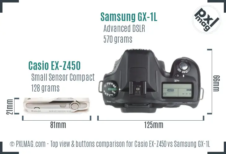 Casio EX-Z450 vs Samsung GX-1L top view buttons comparison