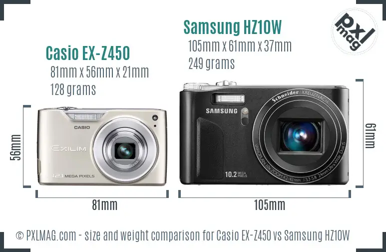 Casio EX-Z450 vs Samsung HZ10W size comparison
