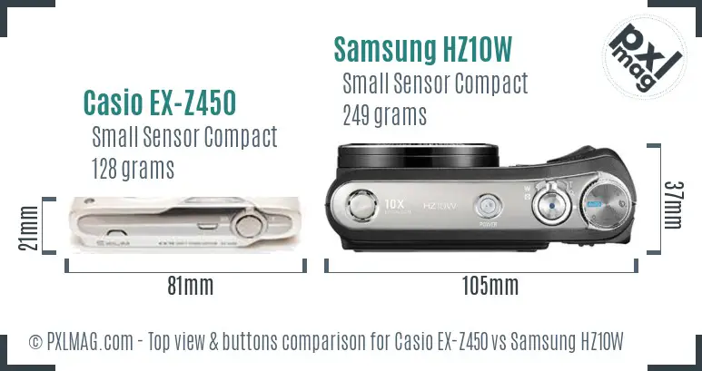 Casio EX-Z450 vs Samsung HZ10W top view buttons comparison