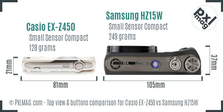 Casio EX-Z450 vs Samsung HZ15W top view buttons comparison Casio EX-Z450 vs Samsung HZ15W top view buttons comparison