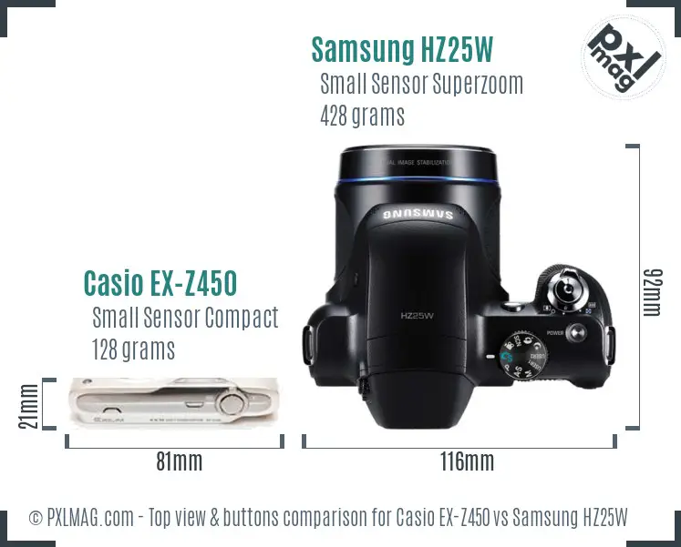 Casio EX-Z450 vs Samsung HZ25W top view buttons comparison