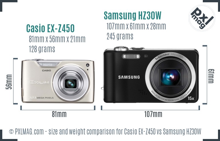 Casio EX-Z450 vs Samsung HZ30W size comparison Casio EX-Z450 vs Samsung HZ30W size comparison