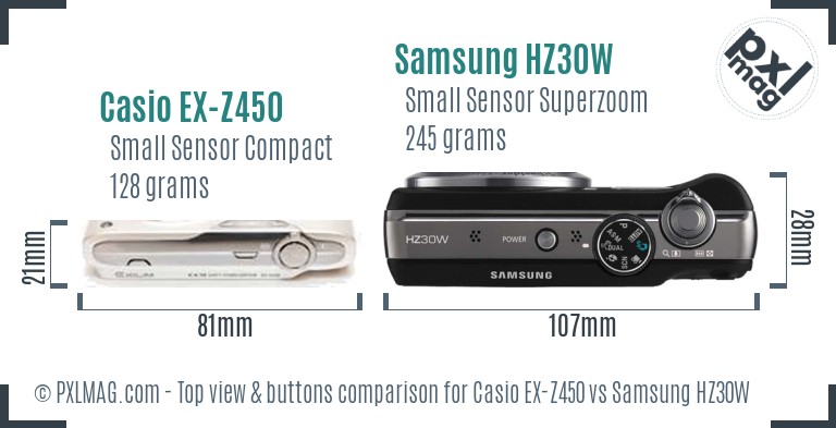 Casio EX-Z450 vs Samsung HZ30W top view buttons comparison