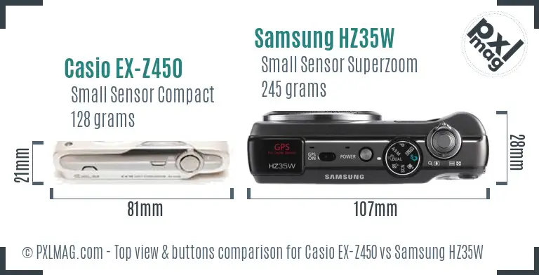 Casio EX-Z450 vs Samsung HZ35W top view buttons comparison