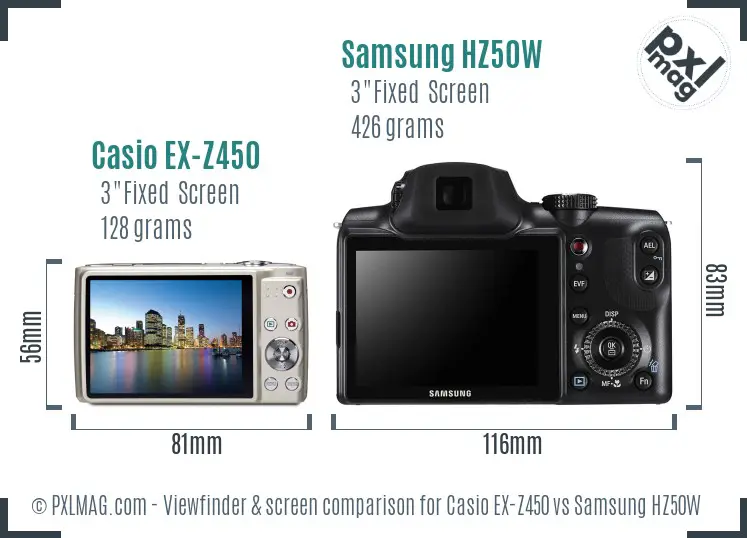 Casio EX-Z450 vs Samsung HZ50W Screen and Viewfinder comparison