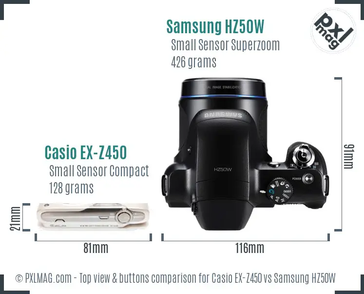 Casio EX-Z450 vs Samsung HZ50W top view buttons comparison