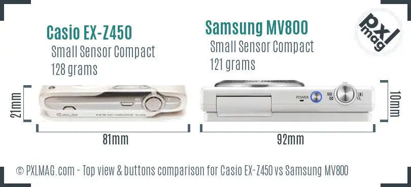 Casio EX-Z450 vs Samsung MV800 top view buttons comparison