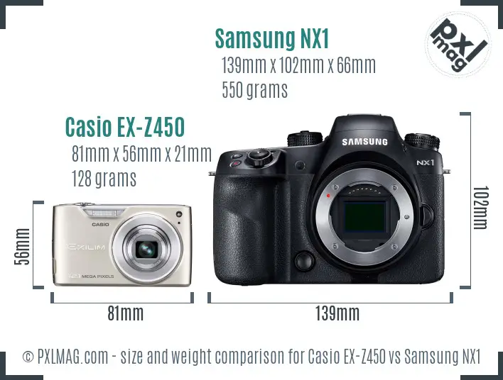 Casio EX-Z450 vs Samsung NX1 size comparison Casio EX-Z450 vs Samsung NX1 size comparison