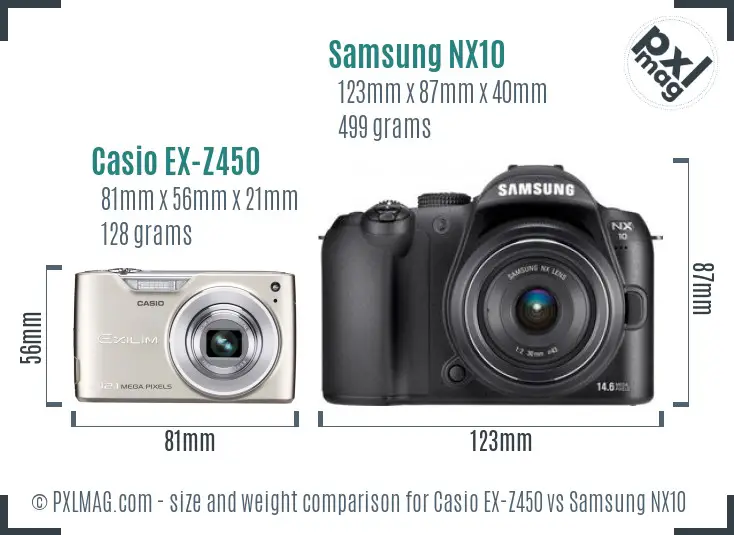 Casio EX-Z450 vs Samsung NX10 size comparison Casio EX-Z450 vs Samsung NX10 size comparison