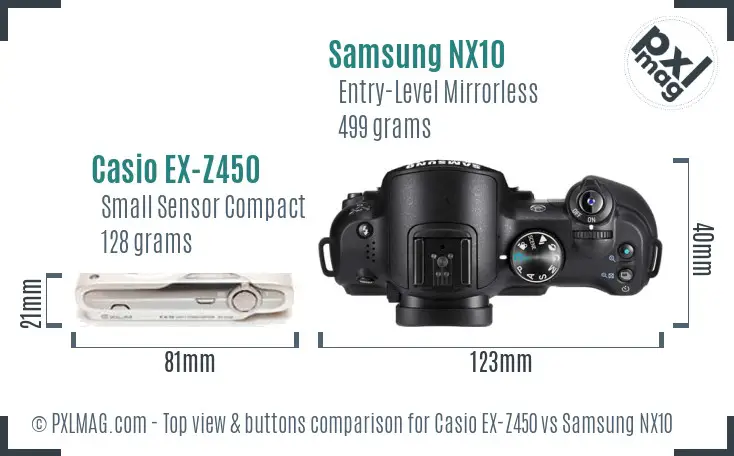 Casio EX-Z450 vs Samsung NX10 top view buttons comparison Casio EX-Z450 vs Samsung NX10 top view buttons comparison