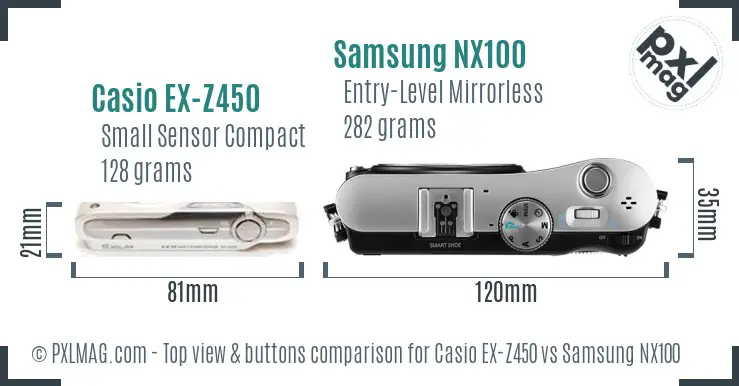 Casio EX-Z450 vs Samsung NX100 top view buttons comparison