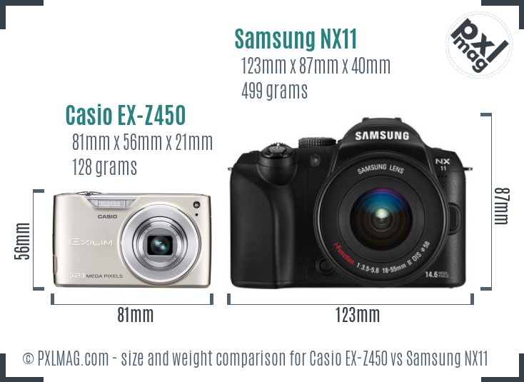 Casio EX-Z450 vs Samsung NX11 size comparison Casio EX-Z450 vs Samsung NX11 size comparison