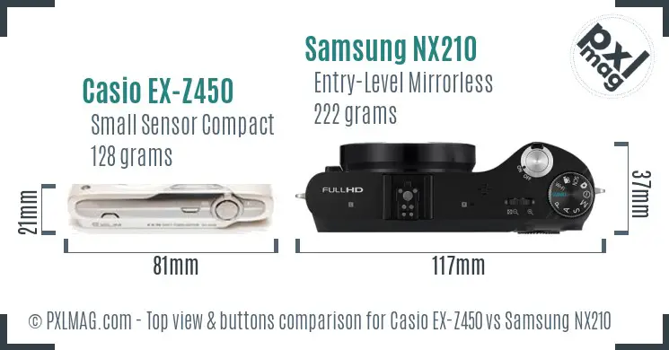 Casio EX-Z450 vs Samsung NX210 top view buttons comparison