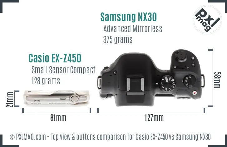 Casio EX-Z450 vs Samsung NX30 top view buttons comparison