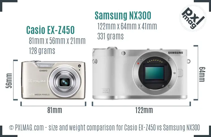 Casio EX-Z450 vs Samsung NX300 size comparison Casio EX-Z450 vs Samsung NX300 size comparison