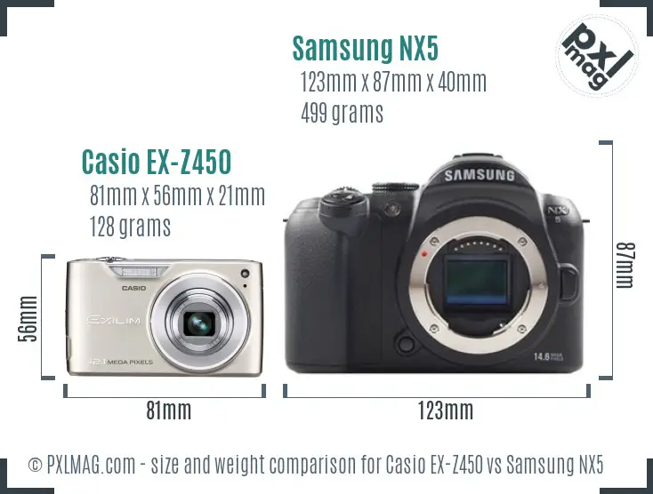 Casio EX-Z450 vs Samsung NX5 size comparison Casio EX-Z450 vs Samsung NX5 size comparison