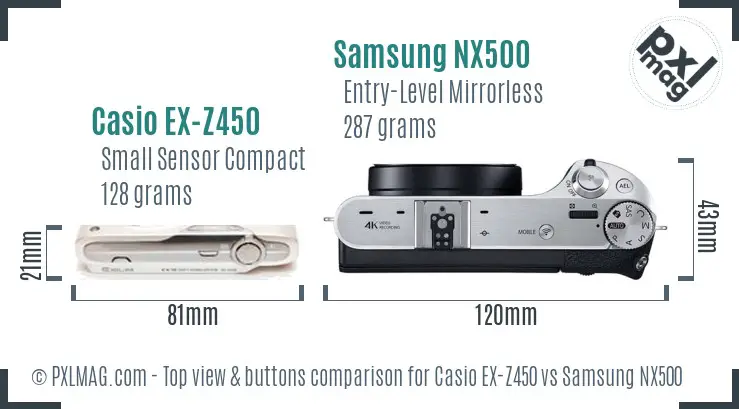 Casio EX-Z450 vs Samsung NX500 top view buttons comparison
