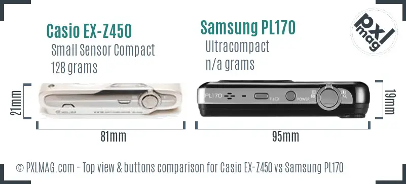 Casio EX-Z450 vs Samsung PL170 top view buttons comparison Casio EX-Z450 vs Samsung PL170 top view buttons comparison