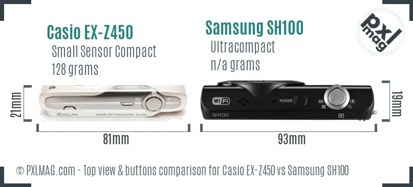 Casio EX-Z450 vs Samsung SH100 top view buttons comparison