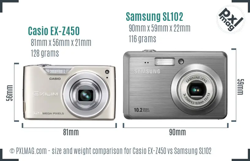 Casio EX-Z450 vs Samsung SL102 size comparison