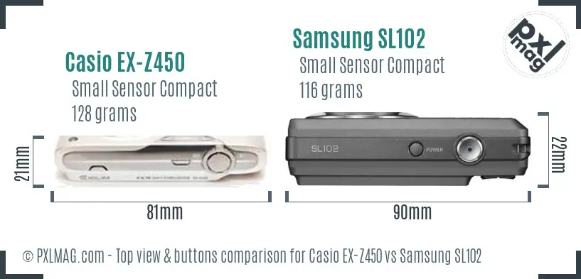 Casio EX-Z450 vs Samsung SL102 top view buttons comparison