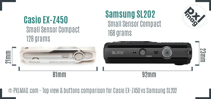 Casio EX-Z450 vs Samsung SL202 top view buttons comparison