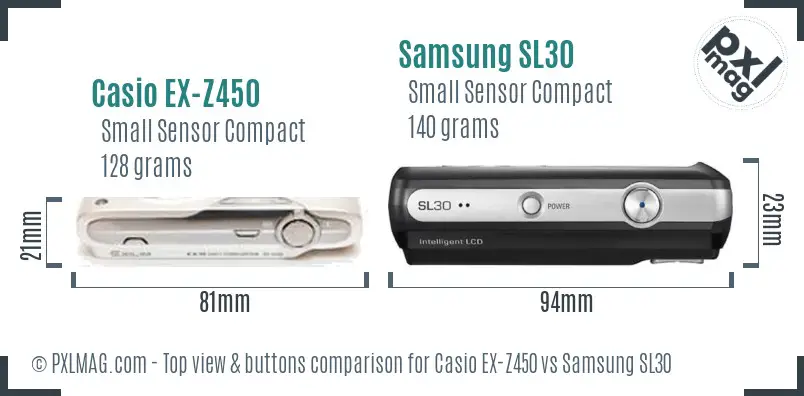 Casio EX-Z450 vs Samsung SL30 top view buttons comparison