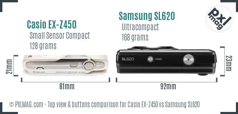 Casio EX-Z450 vs Samsung SL620 top view buttons comparison