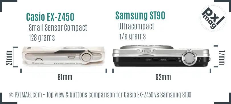 Casio EX-Z450 vs Samsung ST90 top view buttons comparison