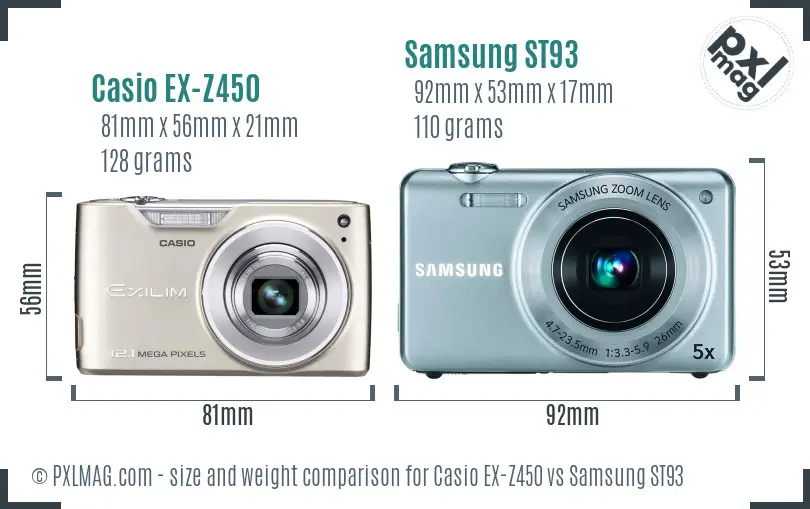 Casio EX-Z450 vs Samsung ST93 size comparison Casio EX-Z450 vs Samsung ST93 size comparison